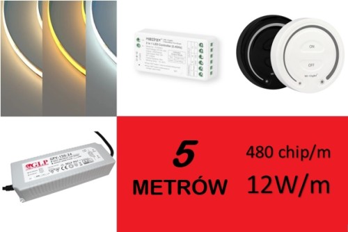 5m Zestaw LED COB 24V BIAŁY 480chip/m ze sterownikiem, pilotem oraz zasilaczem KOMPLET